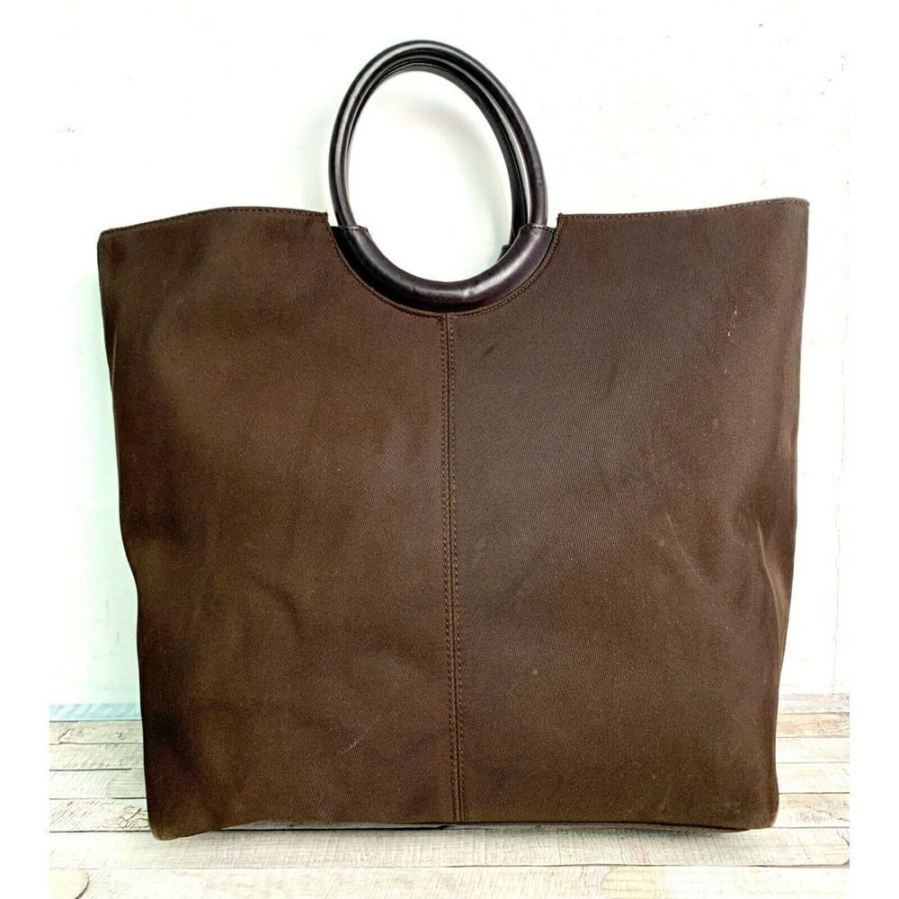 LARGE Charter Club BROWN NYLON CANVAS GENUINE LEATHER HANDLES TOTE HANDBAG PURSE